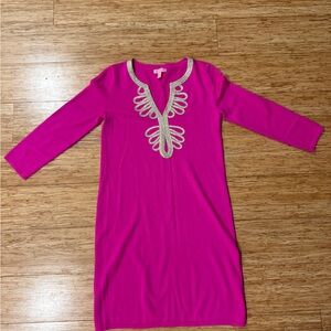 Lilly Pulitzer DEVLIN Merino Sweater Shift Dress Magenta Gold S